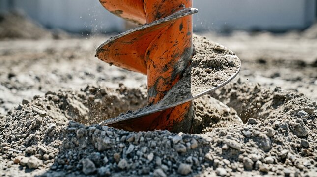 Close up of an orange auger drill bit digging into the soil on a construction site