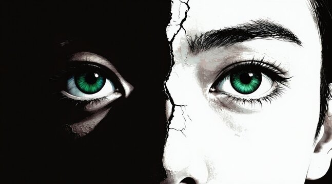 Close-up of two human eyes, one in shadow, one in light. Face is cracked like porcelain. Dual nature, duality, split personality, good versus evil concept.