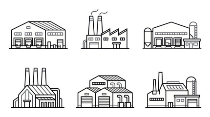 Fototapeta premium Set of factory and industrial building icons, outline design, vector illustration