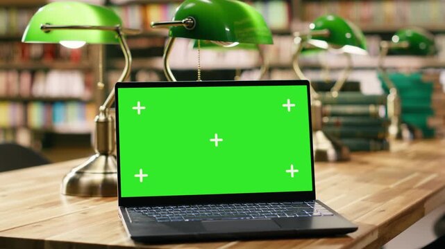 Green screen mockup on open laptop screen in warm library setting, placed on wooden study desk near green lamps in quiet room, Chroma key screen replacement and academic environment.