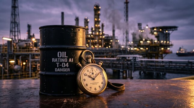 Oil barrel and stopwatch in front of refinery at dusk symbolizing energy industry and time