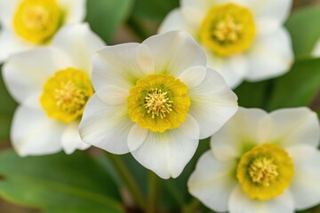 Fototapeta premium White hellebore flowers with yellow centers grow in a garden. Close view shows delicate petals and stamens. Green leaves form background for this beautiful spring bloom.