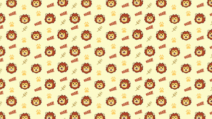 Cute cartoon lions with fluffy manes smile warmly. Small paw prints scatter around playful animals. Soft yellow background feels cozy and cheerful. Ideal for children's books or fun design projects © rochmuch