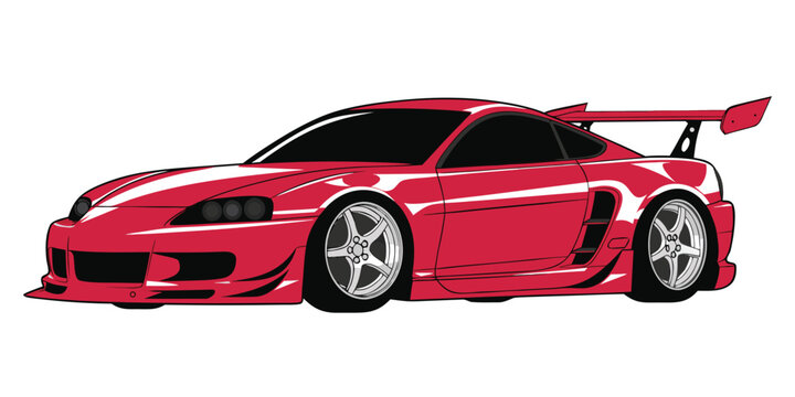 Stylized vector illustration of a modified red sports car with a large rear wing and wheels