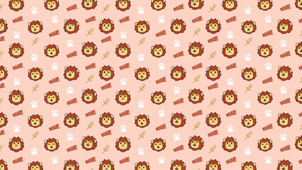 Cute cartoon lions smile in a repeating pattern. Soft pink background with tiny white paws. Lions have fluffy brown manes and friendly eyes. Pattern feels playful and warm for children's projects © rochmuch