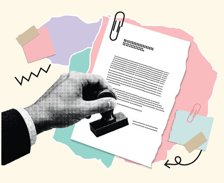 Halftone Pop Art Collage with Hand-Stamping Official Document. Approval and Certification Concept. Business Agreement, Compliance, and Legal Authorization