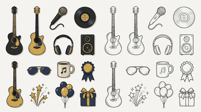 Collection of musical instruments and party elements in a flat design style.