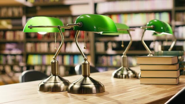 Stack of books placed on wooden library desk beneath green lamps, empty library with bookshelves creating focused academic knowledge and learning, quiet room with study materials and textbooks.
