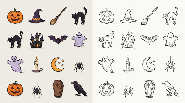 Collection of Halloween icons in color and outline, featuring pumpkins, witches hats, brooms, black cats, castles, bats, ghosts, candles, moons, spiders, coffins, and crows.