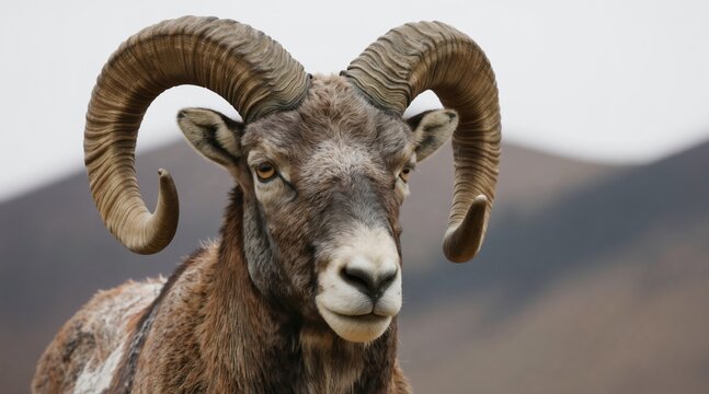 Tibetan argali ram with large curled horns. Wild mammal stares forward. Furry head portrait on muted mountain background. Powerful animal face front view.