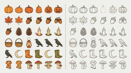 Collection of Autumnal Icons and Symbols in Color and Outline Styles. © renender