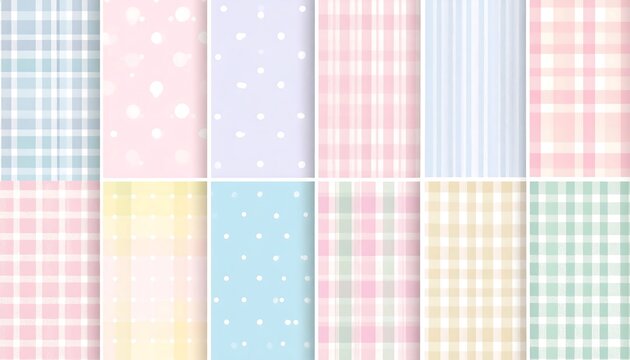 Assortment of pastel-colored patterns, including checks, stripes, and dotted designs