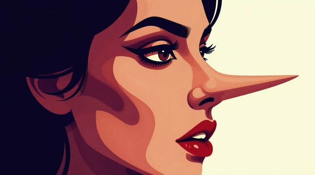 Stylized cartoon illustration of a woman with an unnaturally long nose. Her red lips are slightly parted, with dramatic eye makeup. The image signifies deceit, lies, or fabrication.