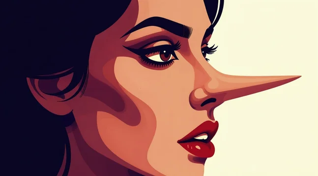 Stylized cartoon illustration of a woman with an unnaturally long nose. Her red lips are slightly parted, with dramatic eye makeup. The image signifies deceit, lies, or fabrication.