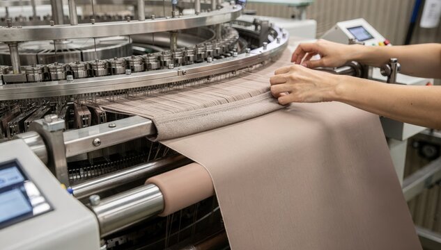 Seamless control top tights manufacturing in action showcasing knitters shaping reinforced waistbands for fit and support in elegant tubestyle hosiery.