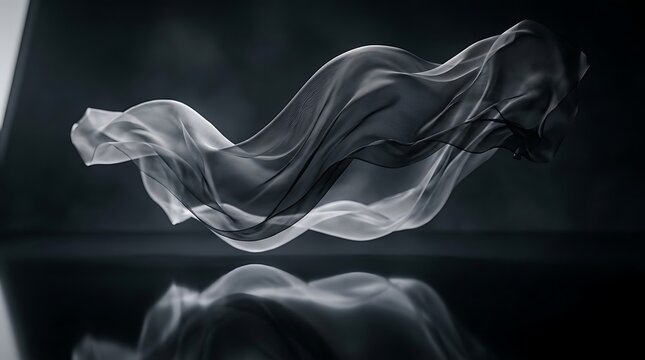 Abstract flowing black fabric waving in the dark with soft reflection.