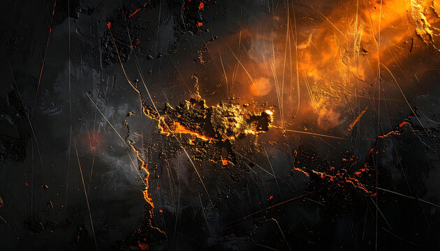 Abstract dark background with glowing orange embers, sparks, and light trails, fire particle texture effect
