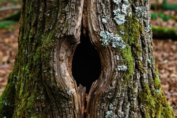 Obraz premium Close view of old tree trunk with hollow opening. Bark covered in green moss and grey lichen grows in forest. Natural textured wood background provides organic detail.