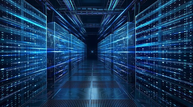 Data server center room with AI cloud internet network, glowing rack systems and digital tech environment, futuristic computer background with flowing data connections and blue light