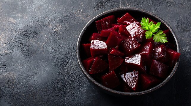 Chopped cooked beetroot in a dark bowl on a textured stone background.