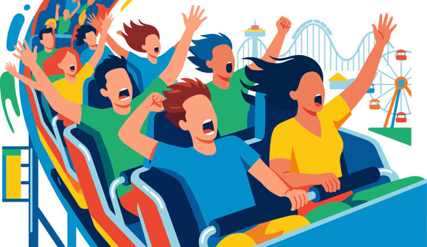 Excited People Riding Roller Coaster at Amusement Park