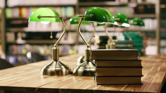 Stack of hardcover books on wooden study desk in empty library, quiet reading room for academic learning and knowledge, classic study environment with green lamp and pile of study books.