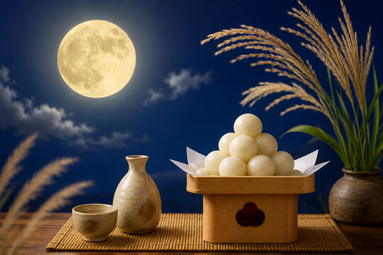 満月とすすきに彩られた十五夜のお月見団子
