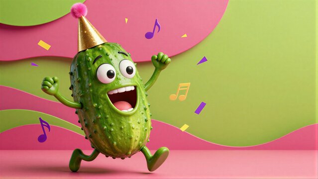 Happy pickle in party hat dances joyfully amid colorful confetti and music notes.