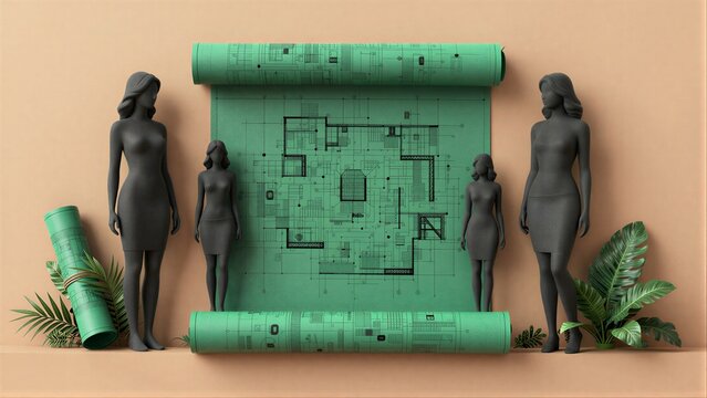 Four statues flank a green blueprint, surrounded by lush tropical plants.