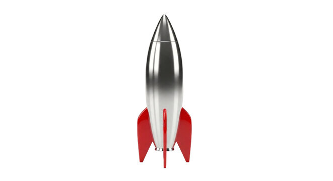 Retro style silver and red rocket ship with fins and pointed nose PNG Isolated on transparent background