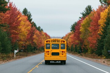 Obraz premium Bus driving a yellow school bus on a scenic rural road with autumn fall foliage