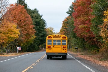 Obraz premium Bus driving a yellow school vehicle on a rural road with autumn trees and travel