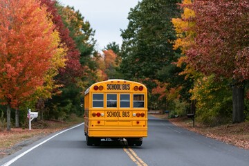 Obraz premium Bus driving a yellow school vehicle on a scenic road with vibrant autumn fall trees