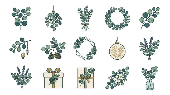 Eucalyptus leaves and Christmas decorations.