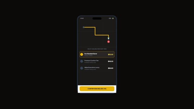 Smartphone Screen Mockup Animating Ride Sharing Tier Selection and Route Map Layout