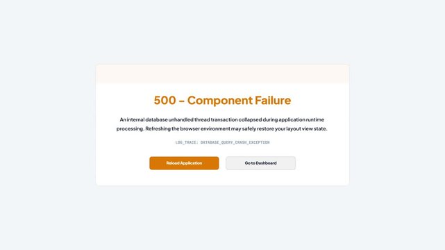 500 Component Failure Error Modal: Web interface displaying cloud pipeline fetching followed by internal database error message and application reload button. Software runtime crash animation