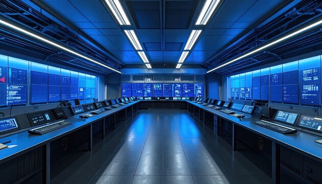 Advanced command center with blue screens and curved consoles.