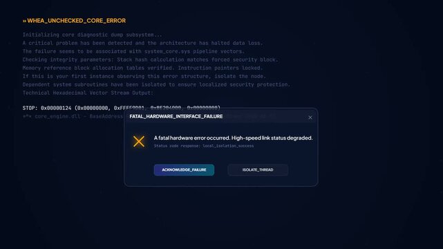 Fatal Hardware Interface Failure Error Window: Tech diagnostic interface displaying core subsystem log and popup alert box. System crash and hardware error animation for critical server failure