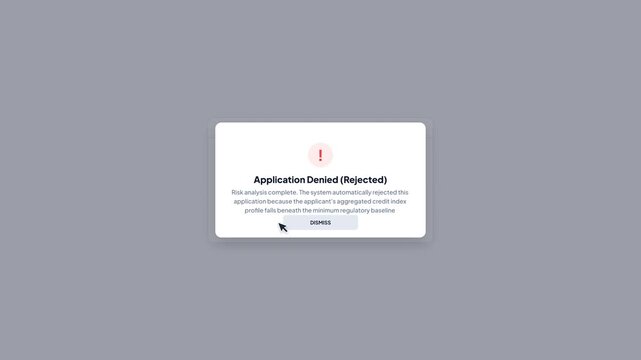 Light theme digital banking interface showing an automated risk verification process for a home mortgage application resulting in an application denied message.