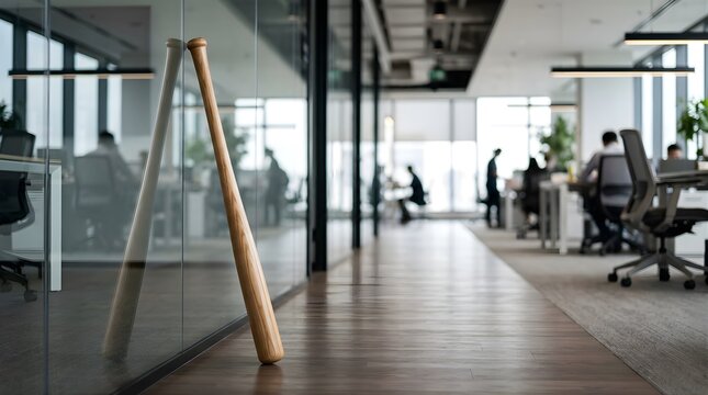 Wooden baseball bat leaning against glass wall in a bright modern office
