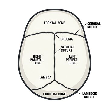 Diagram of human skull bone sutures and landmarks.