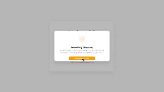 Online event registration layout showing an event fully allocated capacity limit error popup message window on a light background