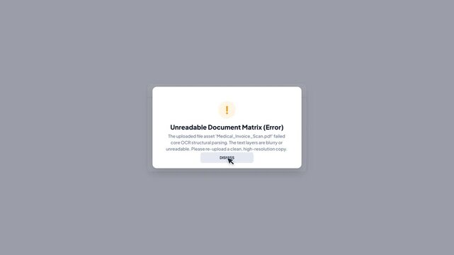Insurance Claim Error Message Popup Denying Unreadable Document with OCR Failure