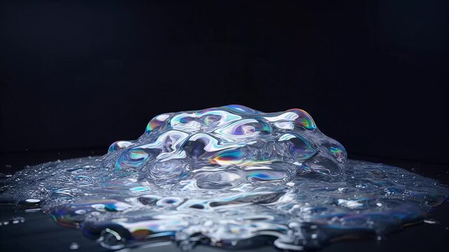 Iridescent liquid form melting and flowing, shimmering with prismatic light effects on a dark studio background