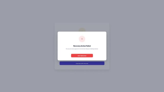 User interface screen showing account temporarily locked alert message with identity verification progress bar leading to a recovery action failed error popup on white background