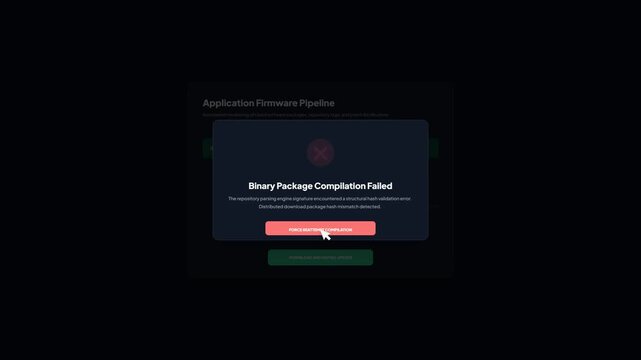 User interface of software firmware pipeline application update page showing binary package compilation failed hash mismatch error notification message popup on dark mode screen