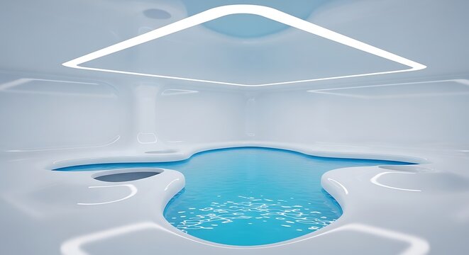 Empty square room with Abstract smooth future interior swimming pool with blue water.