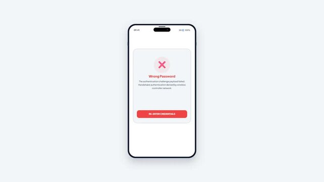 Smartphone interface displaying a wrong password error message on a mobile wireless network connectivity app screen in light mode interface mockup
