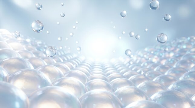 White iridescent serum bubbles and water droplets in a low-angle macro perspective. Microscopic pearl spheres for high-end skincare branding and cosmetic advertising.