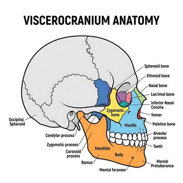 Detailed anatomical diagram of human viscerocranium bones.